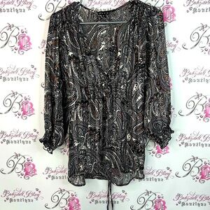 Plum blouse Paisley Print ruffle smocked tie up shiny shimmer long sleeve  Top